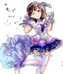  absurdres blue_eyes brown_hair commentary_request dress female gloves hairband highres hoshika_ranoe idolmaster idolmaster_cinderella_girls idolmaster_cinderella_girls_starlight_stage long_hair one_eye_closed pendant_watch ribbon sakuma_mayu short_hair smile solo starry_sky_bright_(idolmaster) thighhighs watch 