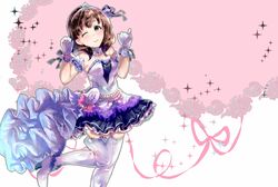  blue_eyes brown_hair commentary_request dress female gloves hairband highres hoshika_ranoe idolmaster idolmaster_cinderella_girls idolmaster_cinderella_girls_starlight_stage long_hair one_eye_closed pendant_watch ribbon sakuma_mayu short_hair smile solo starry_sky_bright_(idolmaster) thighhighs watch 