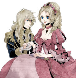  2girls blonde_hair blue_eyes breasts choker cleavage commentary_request dress folded_fan folding_fan frilled_sleeves frills gloves gown hand_fan holding_hands kmgk marie_antoinette_(versailles_no_bara) medium_breasts multiple_girls oscar_francois_de_jarjayes reverse_trap ribbon versailles_no_bara 