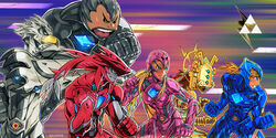  2girls 4boys absurdres armor bad_deviantart_id bad_id blonde_hair blue_eyes bodysuit commentary english_commentary gerudo helmet highres larry_d_warren_jr. link monster_boy multiple_boys multiple_girls photoshop_(medium) power_armor power_rangers power_rangers_(movie) princess_zelda riju sidon teba_(zelda) the_legend_of_zelda the_legend_of_zelda:_breath_of_the_wild thunder_helm triforce v-shaped_eyebrows yunobo 