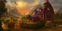  2:1 accipitrid accipitriform apple_bloom_(mlp) applejack_(mlp) avian bale barn bird blonde_hair building canid canine canis cart chicken clothing cloud cowboy_hat cutie_mark detailed_background devinian domestic_dog door duo dutch_door earth_pony equid equine female fence feral field flower friendship_is_magic fruit_tree galliform gallus_(genus) grass green_eyes hair hasbro hat hay hay_bale headgear headwear herding_dog hi_res hill horse horse_cart house lamp lantern mammal my_little_pony orchard outside pastoral_dog phasianid plant pony red_hair rock sibling_(lore) sister_(lore) sisters_(lore) sky sun sunset sweet_apple_acres tree window winona_(mlp) yellow_sky young young_feral 