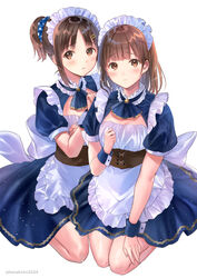  2girls blush breasts brown_eyes brown_hair closed_mouth commentary_request doukyuusei_(hanekoto) hair_ornament hair_scrunchie hairclip hand_up hanekoto long_hair looking_at_viewer maid maid_headdress medium_breasts multiple_girls original osananajimi_(hanekoto) parted_bangs parted_lips polka_dot polka_dot_scrunchie ponytail puffy_short_sleeves puffy_sleeves scrunchie seiza short_sleeves sidelocks simple_background sitting twitter_username white_background wrist_cuffs 