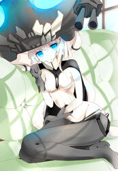  abyssal_ship black_gloves blue_eyes bodysuit colored_skin commentary_request couch female gloves headgear kantai_collection looking_at_viewer onasuba sitting solo white_hair white_skin wo-class_aircraft_carrier 