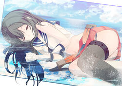  afloat agano_(kancolle) bad_id bad_pixiv_id black_hair closed_eyes crop_top female gloves kantai_collection long_hair lying midriff navel onasuba partially_submerged pleated_skirt school_uniform serafuku skirt sleeping solo white_gloves 