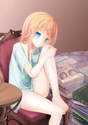  aoi_usagi_(marinebluerabbit) barefoot blue_eyes book book_stack chair commentary_request feet_on_chair female hair_ornament hairclip head_tilt hugging_own_legs knee_up kousaka_kirino long_hair looking_at_viewer manga_(object) orange_hair ore_no_imouto_ga_konna_ni_kawaii_wake_ga_nai photoshop_(medium) sitting solo table 