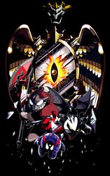  accessory avian axe bird clothing dark_meta_knight feathered_wings feathers gloves glowing glowing_eyes handwear headband hi_res kirby_(series) male mask melee_weapon mirror nintendo penguin rariatoo seven-branched_sword shadow_dedede shadow_kirby simple_background sword weapon white_eyes wings yellow_eyes 