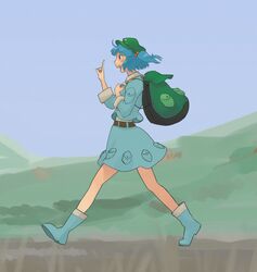  backpack bag blue_eyes blue_hair blush commentary_request female hair_bobbles hair_ornament hat highres kawashiro_nitori open_mouth pinzu short_hair sleeves_rolled_up smile solo touhou two_side_up walking 