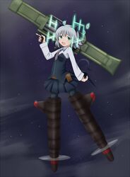  bad_id bad_pixiv_id black_necktie black_pantyhose black_skirt cloud extra_ears female fliegerhammer flying green_eyes grey_hair gun hirschgeweih_antennas holding holding_gun holding_weapon koa military military_uniform multishot_rocket_launcher necktie night night_sky open_mouth pantyhose pleated_skirt rocket_launcher sanya_v._litvyak skirt sky smile solo star_(sky) strike_witches striker_unit uniform weapon world_witches_series 