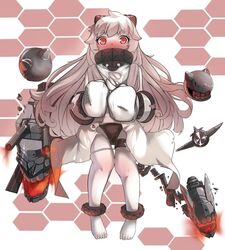  abyssal_ship bad_id bad_pixiv_id barefoot black_panties blush colored_skin dress erojune female full-face_blush horns kantai_collection knees_together_feet_apart long_hair looking_at_viewer mittens northern_ocean_princess panties red_eyes solo torn_clothes torn_mittens underwear white_dress white_hair white_skin 