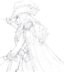  bad_id bad_pixiv_id coat feathers female graphite_(medium) greyscale hani_(muregaoka) hat long_hair monochrome oscar_francois_de_jarjayes profile reverse_trap solo traditional_media uniform versailles_no_bara 