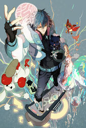  1boy akumey bag beni_(dramatical_murder) bird blue_hair canine cockatoo commentary_request dramatical_murder fingerless_gloves foreshortening gloves headphones headphones_around_neck jellyfish major_mitchell&#039;s_cockatoo male_focus parrot perspective photoshop_(medium) rabbit ren_(dramatical_murder) seragaki_aoba tori_(dramatical_murder) 