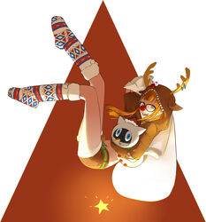  alternate_costume animal_hoodie antlers artist_request bangs christmas christmas_costume christmas_stocking cosplay female floating footwear glasses holding long_hair long_sleeves looking_at_viewer matching_hair/eyes morgana_(persona_5) orange_eyes orange_hair persona persona_5 red_nose sack sakura_futaba short_shorts shorts snowman_costume solo_focus 