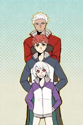  2boys :d archer_(fate) commentary_request emiya_shirou fate/stay_night fate_(series) female fujisakingu illyasviel_von_einzbern jacket multiple_boys open_mouth red_eyes red_hair smile track_jacket white_hair yellow_eyes 