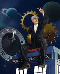  1boy clock commentary doctor_who eyebrows gears highres male_focus planet police_box solo sonic_screwdriver tardis the_doctor twelfth_doctor_(doctor_who) ziggine 