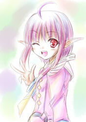  ;d ahoge bad_id bad_pixiv_id cilfy female one_eye_closed open_mouth phantasy_star phantasy_star_portable_2 phantasy_star_universe pink_hair pointy_ears red_eyes smile solo v 