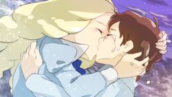  2girls anna_(omoide_no_marnie) blonde_hair brown_hair closed_eyes commentary_request grabbing_another&#039;s_hair hand_on_another&#039;s_back hand_on_another&#039;s_head highres holding kissing long_hair long_sleeves marnie_(omoide_no_marnie) multiple_girls omoide_no_marnie puffy_long_sleeves puffy_sleeves shirane_koitsu short_hair tears very_short_hair yuri 