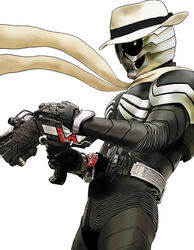  1boy bad_id bad_pixiv_id belt fedora gun hat kamen_rider kamen_rider_skull kamen_rider_w lost_driver male_focus n_unabara scarf skullmagnum solo weapon 