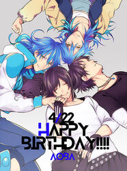  4boys bad_id bad_pixiv_id black_hair blue_hair canine dramatical_murder dual_persona fingerless_gloves gloves happy_birthday jacket jewelry long_hair multiple_boys necklace photoshop_(medium) ren_(dramatical_murder) saned261 sei_(dramatical_murder) seragaki_aoba short_hair yellow_eyes 