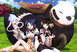  2girls absurdres animal_ears atuy bird black_hair blue_hair bow brown_eyes capelet cleavage_cutout clothing_cutout cocopo collar detached_sleeves forest hairbow highres kurarin_(utawarerumono) long_hair multiple_girls nature official_art rulutieh saddle sidelocks sitting squid tail utawarerumono utawarerumono:_itsuwari_no_kamen yellow_eyes 