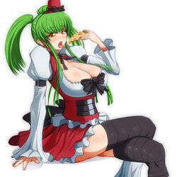  black_legwear black_thighhighs breasts c.c. cleavage code_geass eating female female food green_hair hat huge_breasts mini_hat open_mouth pizza ponpo simple_background sitting skirt solo thighhighs thighs tongue twintails white_background yellow_eyes 