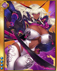  artist_request breast_rings breasts cleavage dark-skinned_female dark_skin female itou_ittousai_(sengoku_bushouki_muramasa) jpeg_artifacts katana large_breasts long_hair looking_at_viewer navel nipple_tassels official_art parted_lips pink_eyes purple_rope rope sayagata sengoku_bushouki_muramasa solo sword thigh_gap weapon wide_hips 