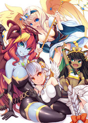  4girls :d :o animal_ears archangel_(p&amp;d) barefoot bastet_(p&amp;d) black_thighhighs blonde_hair blue_skin blush breasts cat_ears cleavage colored_skin commentary_request dark-skinned_female dark_skin demon_girl elbow_gloves gloves grin halo hera_(p&amp;d) horns large_breasts light_valkyrie_(p&amp;d) looking_at_viewer multiple_girls oerba_yun_fang open_mouth photoshop_(medium) puzzle_&amp;_dragons smile staff syacyo thighhighs valkyrie valkyrie_(p&amp;d) wings 