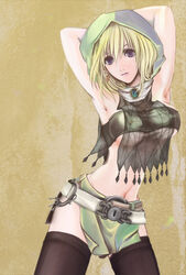  armpits arms_behind_head arms_up bandeau black_thighhighs blonde_hair blue_eyes breasts brooch commentary_request earrings fantasy_earth fantasy_earth_zero female highres hood jewelry key medium_breasts midriff navel photoshop_(medium) scout_(fantasy_earth) scout_(hamil_outfit)_(fantasy_earth_zero) single_earring solo thighhighs vbvacancy 