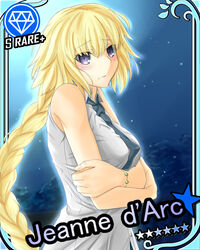  akashiro_sen blonde_hair blush bracelet braid breasts card_(medium) card_parody casual character_name cinderella_girls_card_parody commentary_request crossed_arms fate/apocrypha fate_(series) female gem_(symbol) idolmaster idolmaster_cinderella_girls jeanne_d&#039;arc_(fate) jeanne_d&#039;arc_(girl_from_orleans)_(fate) jewelry long_hair medium_breasts necktie purple_eyes single_braid solo star_(symbol) 