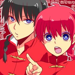  1boy black_hair blue_eyes braid chinese_clothes dual_persona female hatorion open_mouth pointing pointing_forward ranma-chan ranma_1/2 red_hair rule_63 saotome_ranma single_braid tangzhuang 