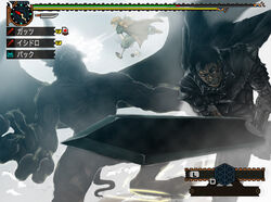  2boys armor backpack bag battle berserk cape claws commentary_request dal-segno demon dragonslayer_(sword) fairy fake_screenshot gameplay_mechanics guts_(berserk) heads-up_display highres horns huge_weapon isidro_(berserk) monster monster_hunter_(series) multiple_boys parody photoshop_(medium) puck_(berserk) sword tail throwing weapon wings zodd_(berserk) 