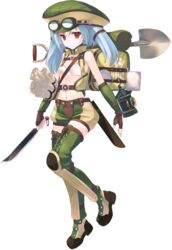  aquaplus backpack bag blue_hair boots bou_(inubou) dungeon_travelers_2 female fingerless_gloves full_body gloves hat highres holding holding_weapon knife long_hair midriff navel red_eyes shorts shovel solo thigh_boots thighhighs transparent_background tsurara_(dungeon_travelers_2) weapon 