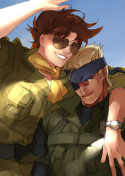  2boys ascot aviator_sunglasses bandana battle_tendency big_boss big_boss_(cosplay) blonde_hair blue_eyes brown_hair commentary_request cosplay eyepatch grin jojo_no_kimyou_na_bouken joseph_joestar joseph_joestar_(young) kazuhira_miller kazuhira_miller_(cosplay) metal_gear_(series) multiple_boys ootsuka_akio parody pydiyudie smile sugita_tomokazu sunglasses tattoo uniform voice_actor_connection wamuu watch waving wristwatch 