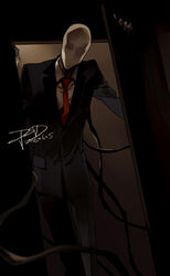  1boy ambiguous_gender commentary_request creepypasta dark dark_background faceless formal male_focus necktie photoshop_(medium) psd_(psdgai) slender_man solo suit tentacle 