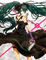  aqua_eyes aqua_hair bad_id bad_pixiv_id black_dress dress female fingerless_gloves gloves gun hatsune_miku kaitou long_hair looking_back photoshop_(medium) solo twintails very_long_hair vocaloid weapon 