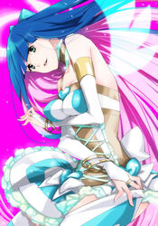  bare_shoulders blue_hair bracelet breasts bridal_gauntlets choker colored_inner_hair commentary_request female green_eyes halo heart jewelry kmikan long_hair medium_breasts multicolored_hair panty_&amp;_stocking_with_garterbelt pink_hair simple_background skirt smile solo stocking_(psg) 