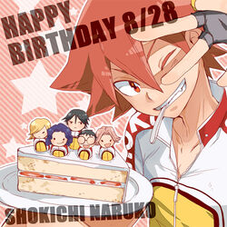  1boy cake character_doll character_name character_request commentary_request cycling_uniform english_text food grin happy_birthday kojou_shion looking_at_viewer male_focus mouth_hold naruko_shoukichi one_eye_closed photoshop_(medium) smile solo star_(symbol) upper_body v yowamushi_pedal 