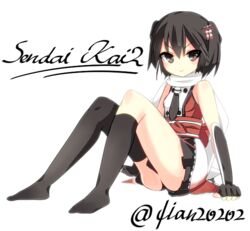  &gt;:) black_eyes black_hair character_name commentary_request female hair_ornament kantai_collection looking_at_viewer onasuba scarf school_uniform sendai_(kancolle) sendai_kai_ni_(kancolle) serafuku sitting smile solo two_side_up v-shaped_eyebrows 