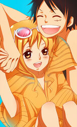  1boy age_regression aged_down brown_eyes commentary english_commentary female glasses kristallin-f lolicon monkey_d._luffy nami_(one_piece) one_piece one_piece_film:_z orange_hair oversized_clothes smile sunglasses 