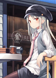  bakery black_shorts blush brown_pantyhose cabbie_hat cake camera chair closed_mouth commentary_request day female food grey_hair hat highres long_hair long_sleeves looking_at_viewer necktie open_clothes open_vest original outdoors pantyhose photoshop_(medium) pink_necktie poco_(asahi_age) red_eyes shirt shop shorts sidelocks single-lens_reflex_camera sitting sleeves_past_elbows sleeves_rolled_up solo table vest white_hair white_shirt yukimi_(poco) 