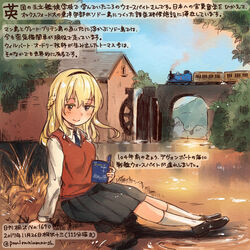  alternate_costume black_footwear black_necktie black_skirt blonde_hair blouse book braid brown_vest colored_pencil_(medium) commentary_request dated female half_up_braid holding holding_book kantai_collection kirisawa_juuzou kneehighs locomotive long_hair necktie numbered pleated_skirt school_uniform shirt shoes skirt smile socks solo steam_locomotive thomas_the_tank_engine thomas_the_tank_engine_(character) traditional_media train translation_request twitter_username vest warspite_(kancolle) white_shirt white_socks 