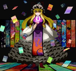  absurdres blonde_hair bow commentary_request dress female flame_print hairbow hat hat_bow highres long_hair moni_(credo) purple_eyes shaded_face solo touhou trigram very_long_hair yakumo_yukari yin_yang yin_yang_print 