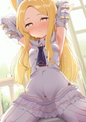  absurdres animal_ear_fluff animal_ears aoto_mei armpits arms_behind_head arms_up bird blonde_hair blue_archive blush breasts closed_mouth commentary_request detached_sleeves dress extra_ears female forehead fox_ears fox_girl halo highres long_hair long_sleeves looking_at_viewer pantyhose sailor_collar seia_(blue_archive) sidelocks sleeveless sleeveless_dress small_breasts solo striped_clothes striped_pantyhose sweat vertical-striped_clothes vertical-striped_pantyhose white_dress white_pantyhose white_sailor_collar white_sleeves yellow_eyes yellow_halo 