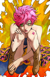  absurdres bare_shoulders boots brown_footwear choker commentary female green_eyes hand_on_own_knee highres jojo_no_kimyou_na_bouken long_skirt naka10969 parted_lips pink_hair short_hair skirt solo trish_una vento_aureo 