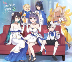  3boys 3girls :d ^_^ absurdres animal_ears azold_(princess_connect!) bare_shoulders black_bow black_footwear black_hair black_hairband black_shorts blue_eyes blue_hair blush bow braid breasts brown_eyes brown_hair champagne_flute cleavage closed_eyes closed_mouth collarbone commentary_request couch cracker cup dark-skinned_female dark_skin demon_horns dress drink drinking_glass facial_hair flower food gloves green_eyes grey_hair gucchiann hair_between_eyes hair_flower hair_ornament hairband hairbow high_heels highres holding holding_cup holding_food holding_plate horns jacket kariza_(princess_connect!) large_breasts long_hair long_sleeves misora_(princess_connect!) moustache multicolored_hair multiple_boys multiple_girls nea_(princess_connect!) oerba_yun_fang off-shoulder_dress off_shoulder on_couch open_clothes open_jacket orange_hair pants pig_ears plate princess_connect! purple_hair ranpha_(princess_connect!) red_eyes see-through_clothes see-through_dress shirt shoes shorts sitting skindentation smile standing standing_on_one_leg streaked_hair striped_bow thigh_strap translation_request two-tone_hair very_long_hair wavy_mouth white_dress white_flower white_gloves white_hair white_jacket white_pants white_shirt wine_glass zane_(princess_connect!) 