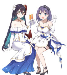  2girls :d black_bow black_footwear black_hair black_hairband blue_eyes blue_hair blush bow braid breasts champagne_flute cleavage closed_mouth cup dress drink drinking_glass flower gloves green_eyes gucchiann hair_between_eyes hair_flower hair_ornament hairband hairbow high_heels highres holding holding_cup large_breasts misora_(princess_connect!) multicolored_hair multiple_girls off-shoulder_dress off_shoulder princess_connect! purple_hair ranpha_(princess_connect!) see-through_clothes see-through_dress shoes simple_background sitting skindentation smile streaked_hair striped_bow thigh_strap two-tone_hair white_background white_dress white_flower white_gloves 