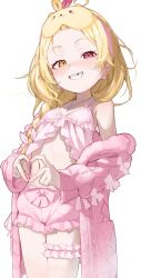  4-finger_heart_hands absurdres babydoll blonde_hair bloomers blush braid breasts bridal_garter commentary earrings female grin heart heart_hands heterochromia highres hoshikawa_sara jacket jewelry long_hair long_sleeves looking_at_viewer mirumiruchan nijisanji nose_blush parted_lips pink_babydoll pink_bloomers pink_jacket red_eyes side_braid simple_background single_braid sleep_mask small_breasts smile star_(symbol) star_earrings symbol-only_commentary tooth_gap virtual_youtuber white_background yellow_eyes 