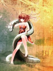  bakemonogatari barefoot brown_eyes brown_hair commentary_request dress feet female highres living_hair monogatari_(series) ooka_(skavler) photoshop_(medium) sengoku_nadeko short_hair snake snake_hair solo spoilers 