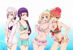  4girls ao_no_exorcist bikini blonde_hair braid breast_envy breasts cleavage commentary_request comparison flat_chest frilled_bikini frills front-tie_top frown groin hair_bun hair_ribbon hood hoodie houjou_mamushi kamiki_izumo kirigakure_shura large_breasts looking_at_breasts moriyama_shiemi multiple_girls navel one_eye_closed panier2 ponytail pouty_lips purple_hair red_hair ribbon short_eyebrows side-tie_bikini_bottom single_hair_bun smile swimsuit tattoo thigh_gap white_hair 