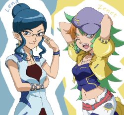  2girls artist_request bakugan bakugan_gundalian_invaders blue_eyes blue_hair glasses green_hair lena_isis multiple_girls pointy_ears smile wink yellow_eyes zenet_surrow 