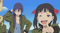  animated animated animated black_hair blue_hair filicia_heideman kazumiya_rio laughing long_hair lowres military military_uniform ribbon short_hair sora_no_woto suminoya_kureha twintails uniform 